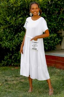 Женское белое итальянское хлопковое свободное платье с круглым вырезом и коротким рукавом с одним карманом Chiccy, белый