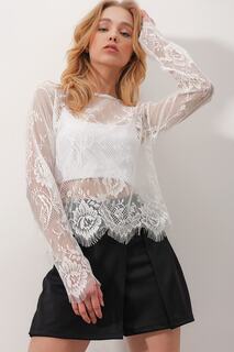 Женская белая кружевная прозрачная блузка с круглым вырезом и цветочным принтом ALC-X9724 Trend Alaçatı Stili, белый