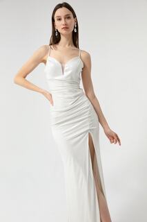 Женское белое платье на тонких бретелях, с глубоким вырезом на спине, блестящее длинное вечернее платье и выпускное платье Lafaba, экрю