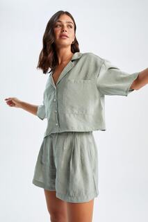 Рубашка с коротким рукавом и пижамным воротником Relax Fit DeFacto, бирюзовый