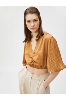 Укороченная блузка со сборками и V-образным вырезом Koton, коричневый