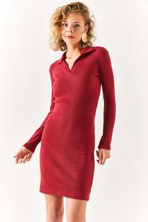 Женское бордовое красное платье из лайкры с воротником-поло Olalook, бордовый