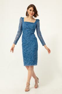 Женское блестящее вечернее платье миди цвета индиго с квадратным воротником и блестками Lafaba, темно-синий