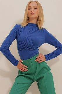 Женское боди Saks песочного цвета с высоким воротником и драпировкой и заклепками Trend Alaçatı Stili, темно-синий