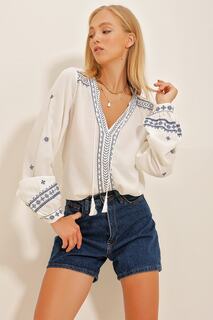 Женская белая тканая блузка с V-образным вырезом и вышивкой Trend Alaçatı Stili, белый