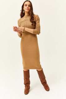 Женское бисквитное трикотажное платье на тонких бретелях Ажурный костюм-свитер Olalook, коричневый