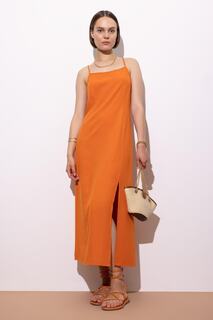 Льняное платье макси с разрезом на бретелях DeFacto, оранжевый