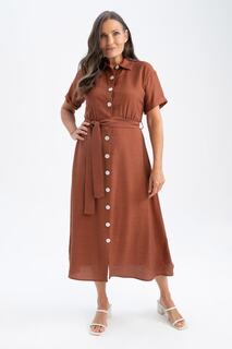 Льняное платье миди с рубашечным воротником и короткими рукавами DeFacto, коричневый