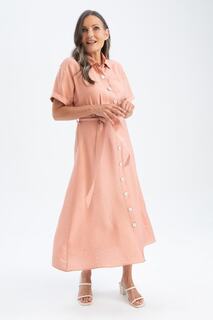 Льняное платье миди с рубашечным воротником и короткими рукавами DeFacto, розовый