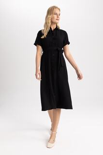 Льняное платье миди с рубашечным воротником с короткими рукавами и короткими рукавами DeFacto, черный