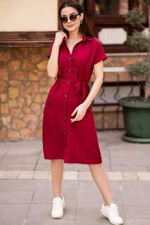 Женское бордовое платье-рубашка с поясом и короткими рукавами armonika, бордовый