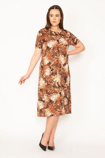 Женское вискозное платье больших размеров с цветочным узором и короткими рукавами Şans, коричневый