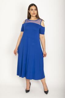 Женское вискозное платье большого размера Saks Roba Mesh 65n24231 Şans, темно-синий