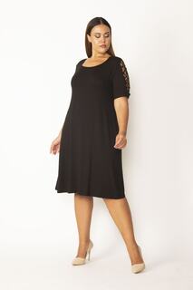 Женское вискозное платье большого размера с черными рукавами и детализированной лазерной резкой 65n28841 Şans, черный