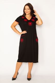 Женское вискозное платье большого размера с v-образным вырезом и вышивкой, черное 65n34163 Şans, черный