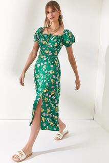 Женское вискозное платье миди с зеленым воротником и разрезом на завязках Olalook, зеленый