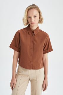 Укороченная рубашка из 100% хлопка с короткими рукавами DeFacto, коричневый