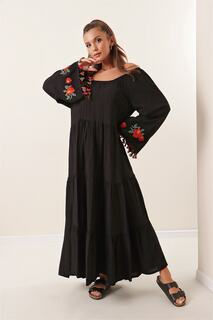 Женское вискозное платье черного цвета с вышивкой розами By Saygı, черный