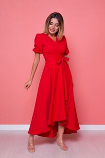 Женское гибкое платье из атласной ткани с поясом, асимметричного кроя, длины миди, двубортный воротник, красное расклешенное платье lovebox, красный