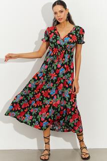 Женское двубортное платье миди с запахом и разноцветным цветочным принтом PP7295 Cool &amp; Sexy, черный
