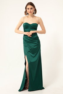Женское длинное атласное вечернее платье изумрудно-зеленого цвета с разрезом на бретельках Lafaba, зеленый