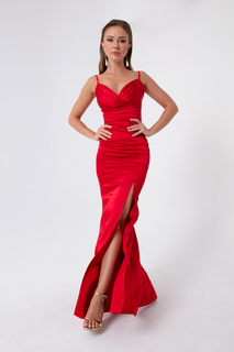 Женское длинное атласное вечернее платье и выпускное платье с разрезом на бретельках красного цвета Lafaba, красный