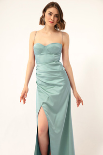 Женское длинное атласное вечернее платье с разрезом на бретельках мятно-зеленого цвета Lafaba, синий