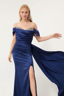 Женское длинное атласное вечернее платье темно-синего цвета с вырезом лодочкой и разрезом Lafaba, темно-синий