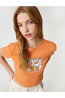 Укороченная футболка из хлопка с принтом и круглым вырезом, с короткими рукавами Koton, оранжевый