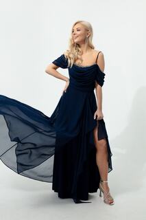 Женское длинное вечернее платье темно-синего цвета на веревочных бретелях с каменной отделкой Lafaba, темно-синий