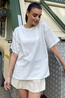 Женская белая футболка оверсайз с круглым вырезом из двух ниток Trend Alaçatı Stili, белый