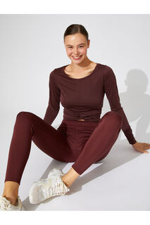 Укороченная футболка для йоги с длинным рукавом и детализированной текстурой из модала с шелковистой текстурой Koton, коричневый