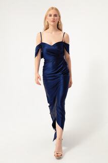 Женское длинное вечернее платье темно-синего цвета с тонкими бретелями, двубортным вырезом и разрезом Lafaba, темно-синий