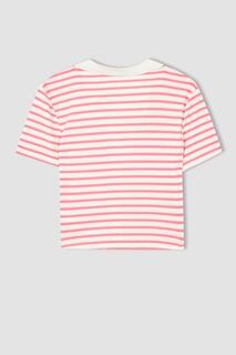 Укороченная футболка в полоску с короткими рукавами и воротником-поло Slim Fit DeFacto, розовый