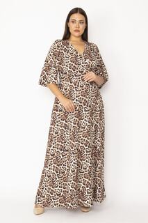 Женское длинное платье больших размеров с леопардовым принтом и воротником-стойкой, 65n28596 Şans, коричневый