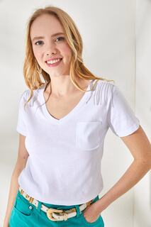 Женская белая хлопковая футболка с v-образным вырезом и карманами-цепочками Olalook, белый