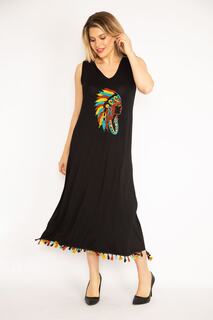 Женское длинное платье без рукавов из вискозы большого размера, черное, с вышивкой и кисточками, 65n23771 Şans, черный