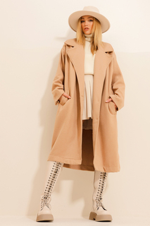 Женское длинное пальто без подкладки цвета Camel Stamp ALC-X11111 Trend Alaçatı Stili, коричневый