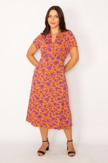 Женское длинное платье большого размера с цветной талией и V-образным вырезом 65n34173 Şans, разноцветный