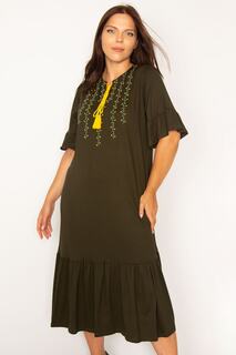 Женское длинное платье цвета хаки большого размера с детальной вышивкой и многоуровневым подолом 65n34169 Şans