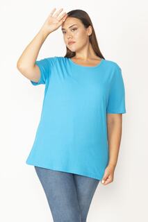 Женская блузка больших размеров из хлопковой ткани с круглым вырезом и короткими рукавами бирюзового цвета 65n29545 Şans, синий
