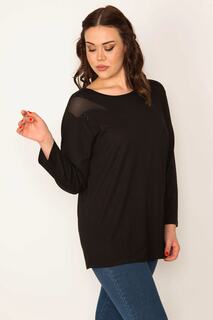 Женская блузка больших размеров из тюля с черными плечами и камнями Şans, черный