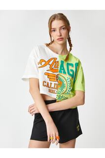Укороченная футболка с коротким рукавом и круглым вырезом с принтом Koton, разноцветный