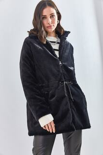 Женское длинное плюшевое пальто на молнии и эластичной резинке на талии 2049 Bianco Lucci, черный