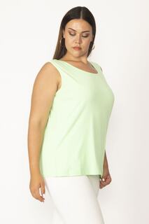 Женская блузка без рукавов большого размера из зеленой хлопчатобумажной ткани с круглым вырезом 65n27624 Şans, зеленый