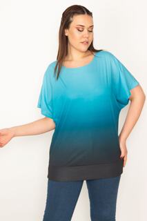 Женская блузка больших размеров с бирюзовым батиковым узором и низкими рукавами и полосками Şans, бирюзовый