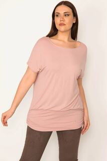 Женская блузка больших размеров со сборками и низкими рукавами, пудровый подол Şans, розовый