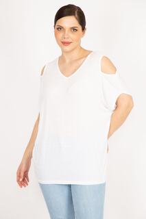 Женская блузка большого размера из тонкой вискозной ткани с глубоким вырезом на плечах 65n22864 Şans, экрю
