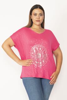 Женская блузка большого размера с v-образным вырезом и низкими рукавами цвета фуксии, лакированная, Şans, розовый