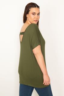 Женская блузка больших размеров цвета хаки с V-образным вырезом на спине Şans